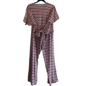 Rebdolls 4X Striped Lightweight Crop Top With Wrap Belt And Wide Leg Pants Set